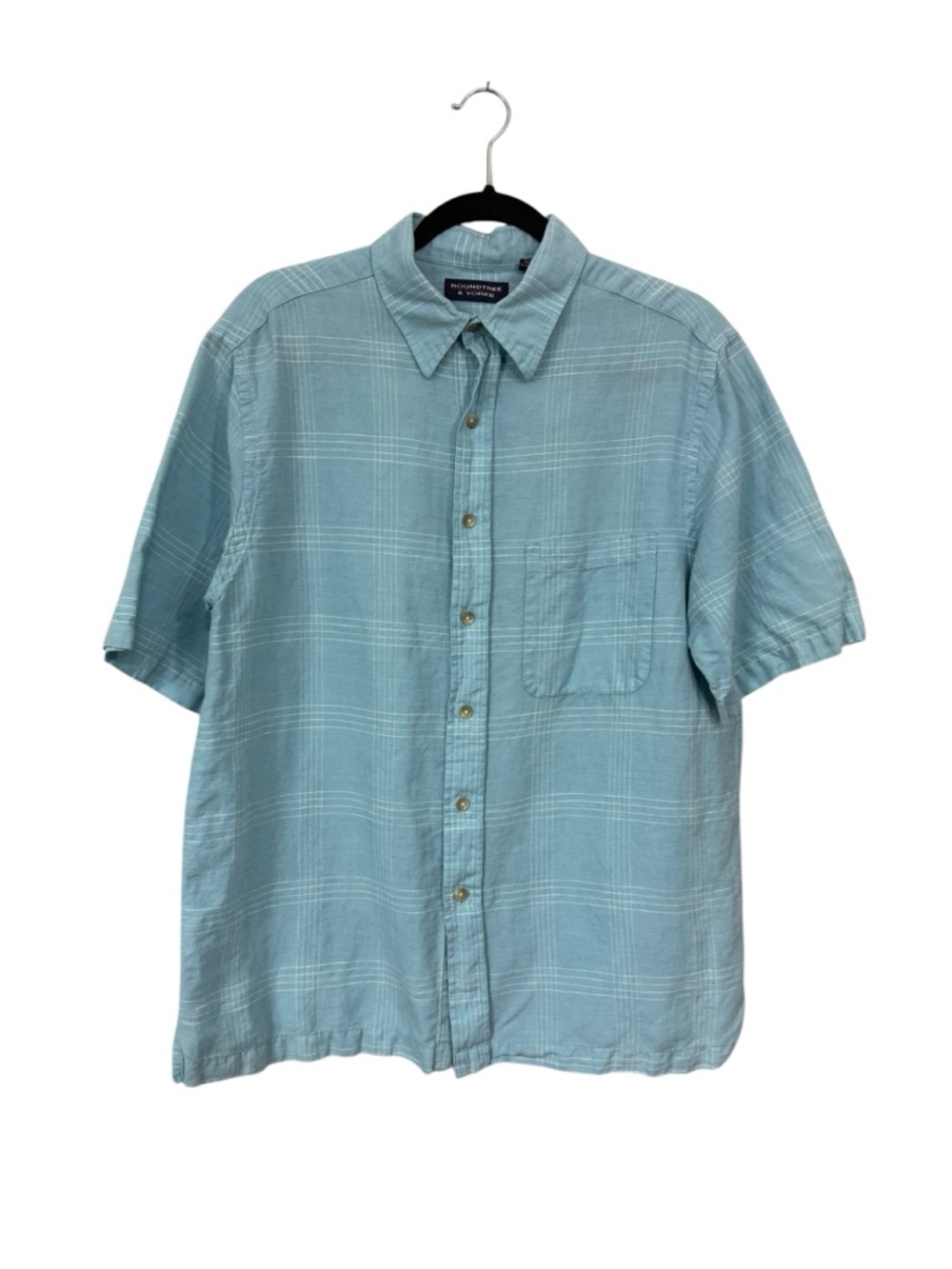Roundtree & Yorke Men's Medium Button Down Shirt Linen Cotton Blue Plaid